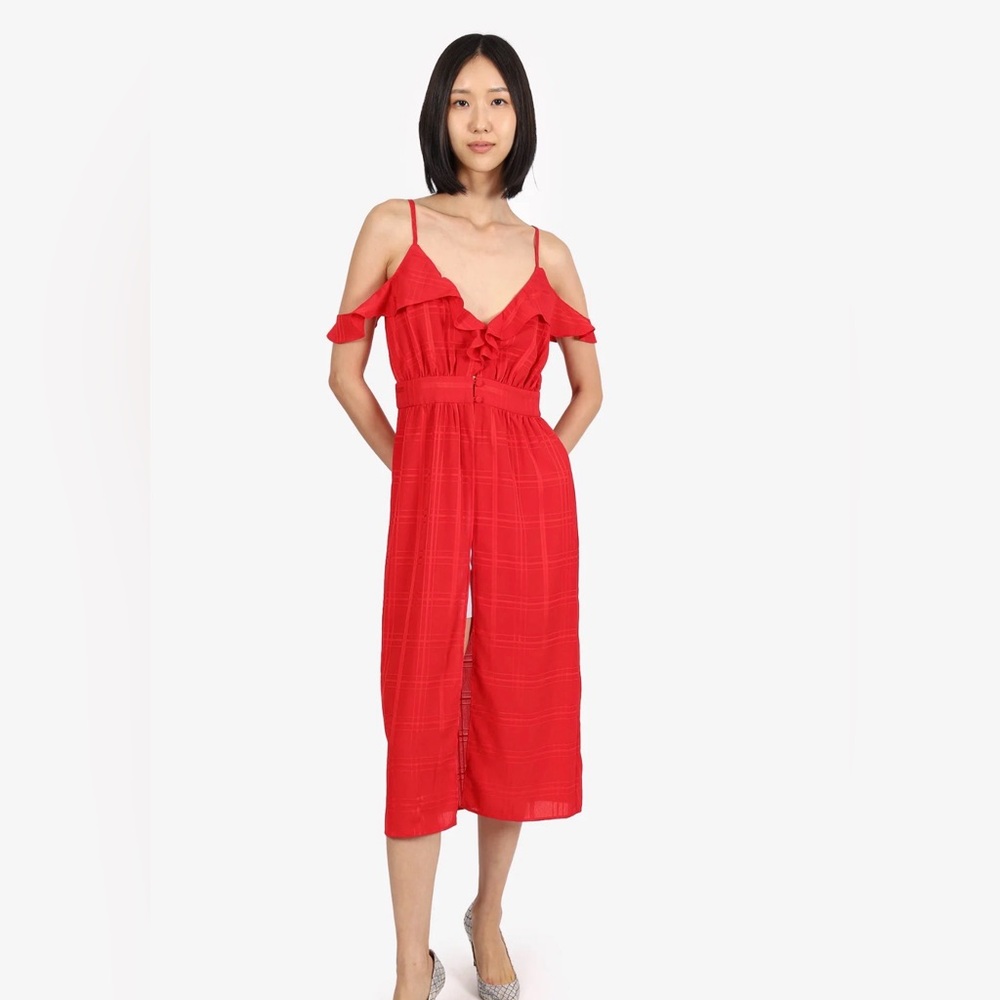 Lovers + Friends Red Ruffle Midi Dress Size XS Revolve Cold Shoulder
